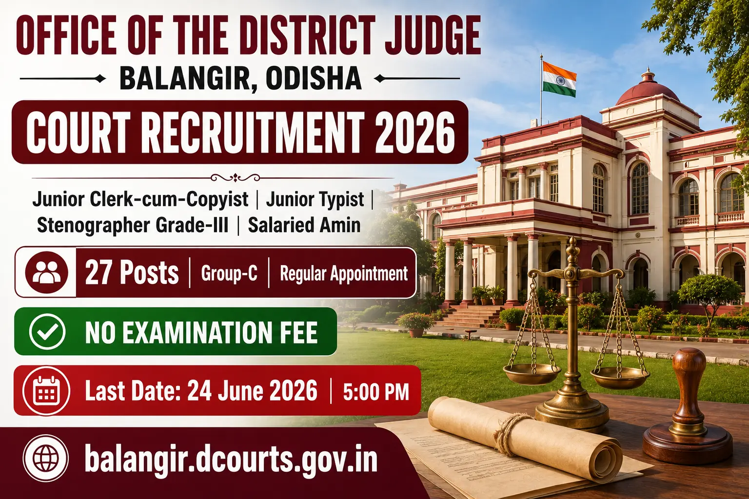 Balangir District Court Recruitment 2026 – 27 Group-C Posts – Junior Clerk Typist Stenographer Salaried Amin – No Fee – Apply by 24 June 2026