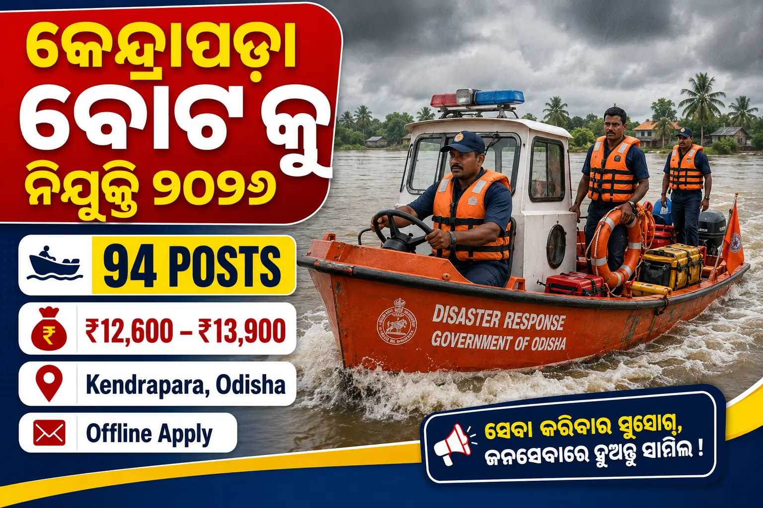 Kendrapara Boat Crew Recruitment 2026 notification image for 94 Launch Driver and Sailor posts in Odisha