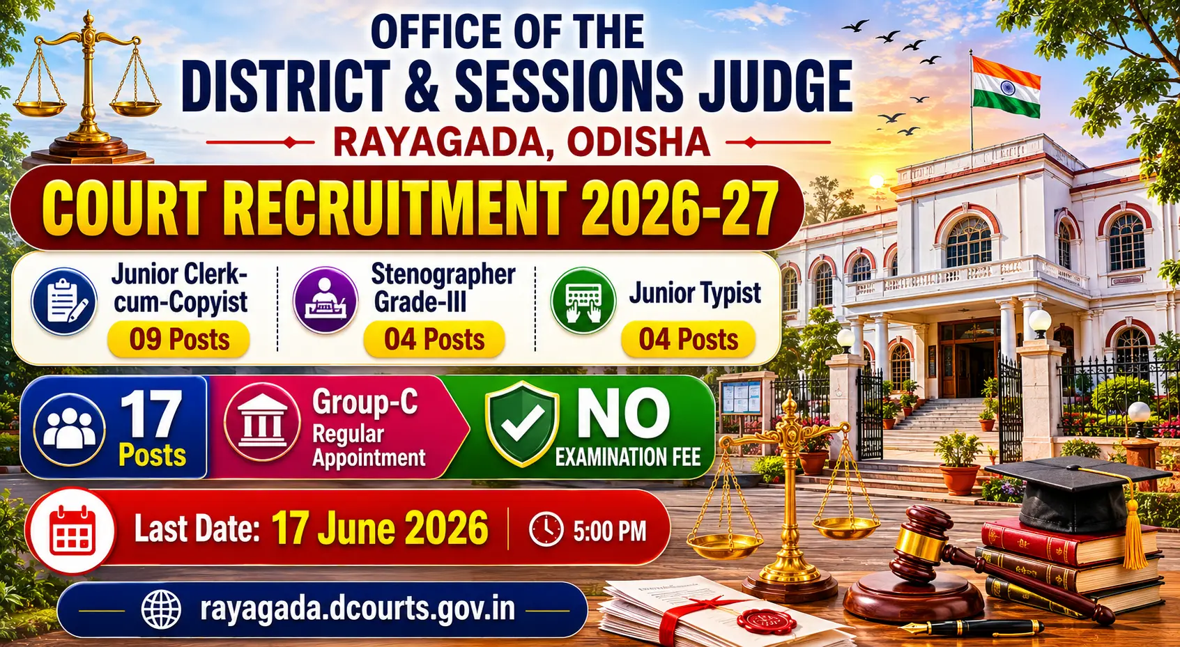 Rayagada District Court Recruitment 2026 – 17 Group-C Posts – Junior Clerk Typist Stenographer – No Fee – Apply by 17 June 2026