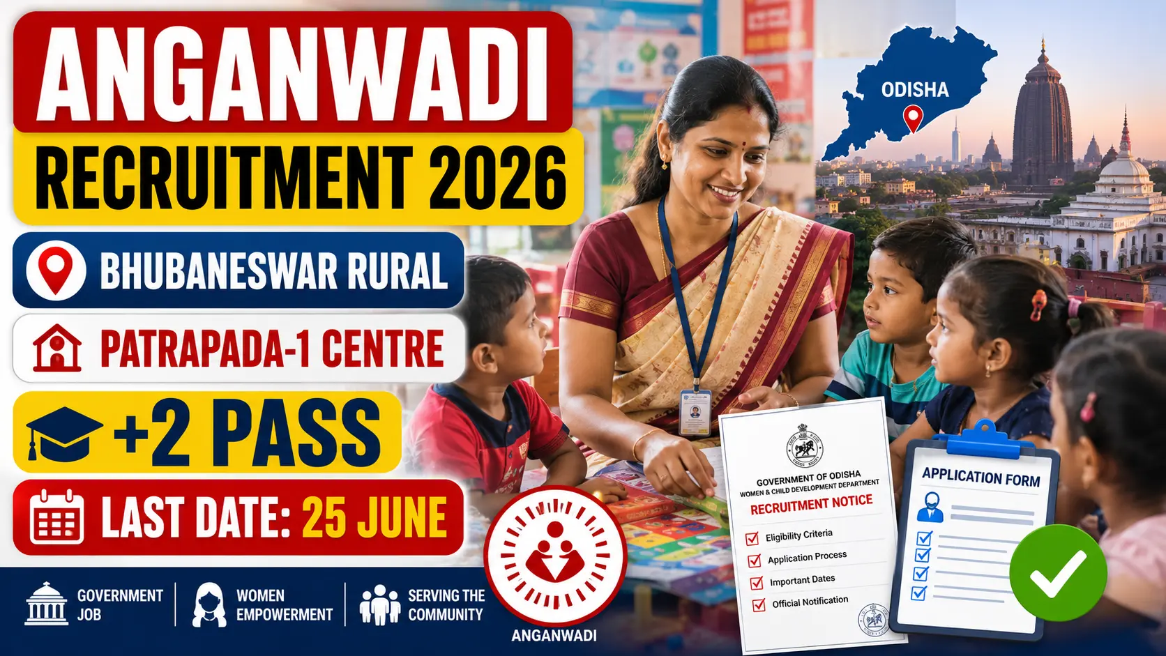 Anganwadi Worker Recruitment 2026 Bhubaneswar Rural Patrapada-1 Centre Notification for Female Candidates