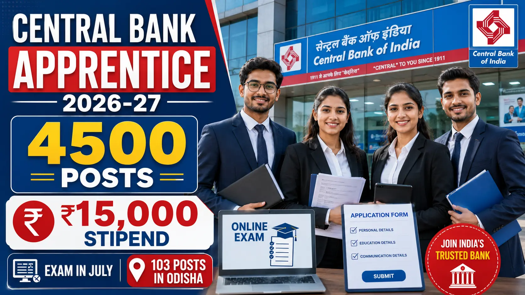 Central Bank of India Apprentice Recruitment 2026-27 for 4500 Posts with ₹15000 Stipend and Online Exam in July