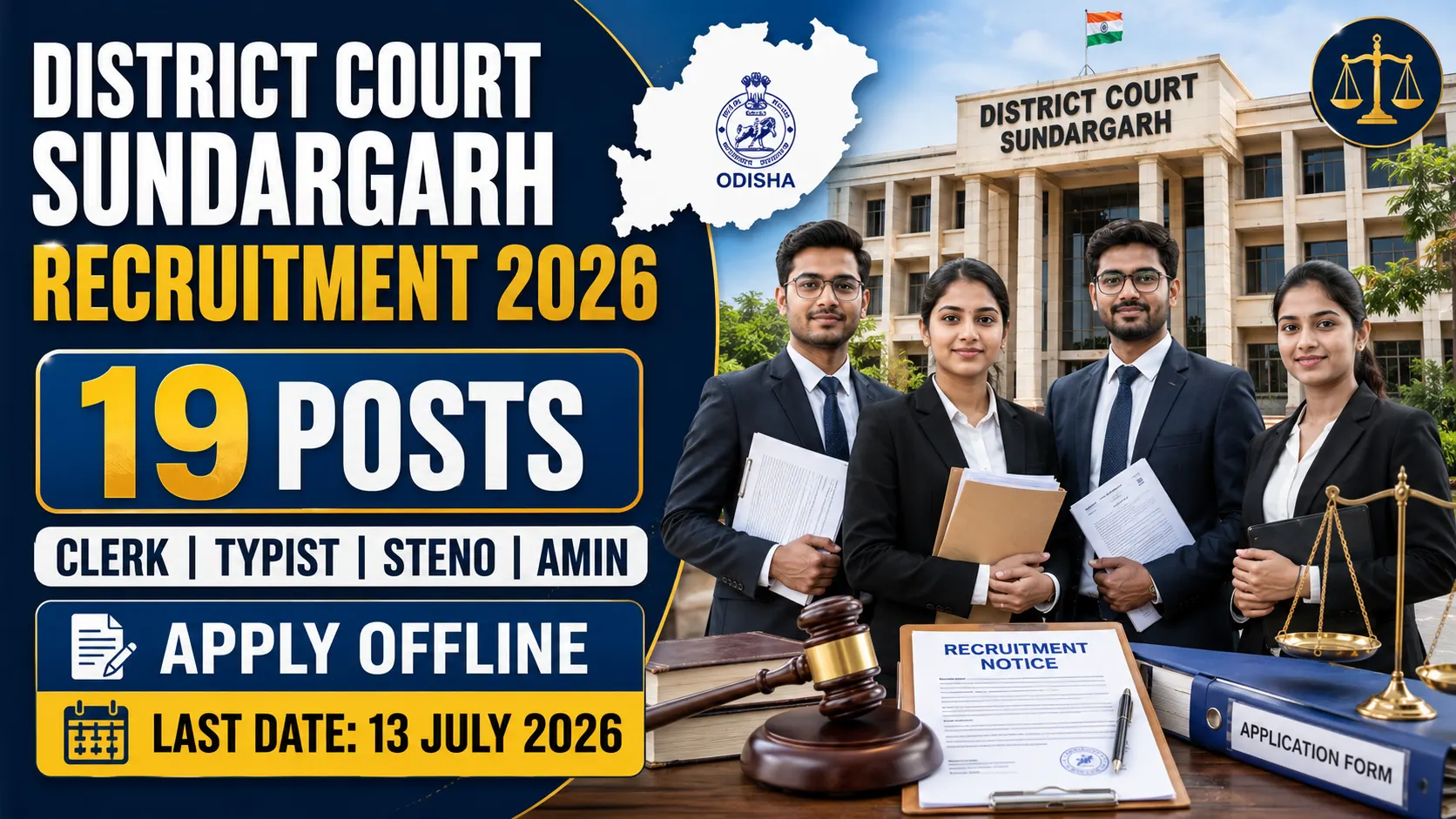District Court Sundargarh Recruitment 2026 Apply Offline for 19 Junior Clerk Typist Stenographer and Salaried Amin Posts