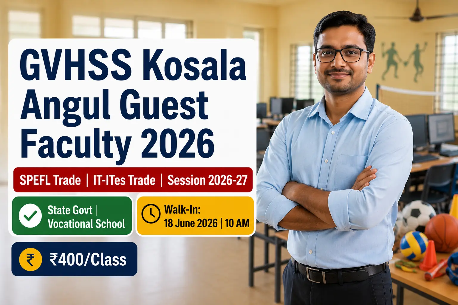 GVHSS Kosala Angul Guest Faculty Recruitment 2026 for SPEFL and IT-ITes trade. Walk-In on 18 June