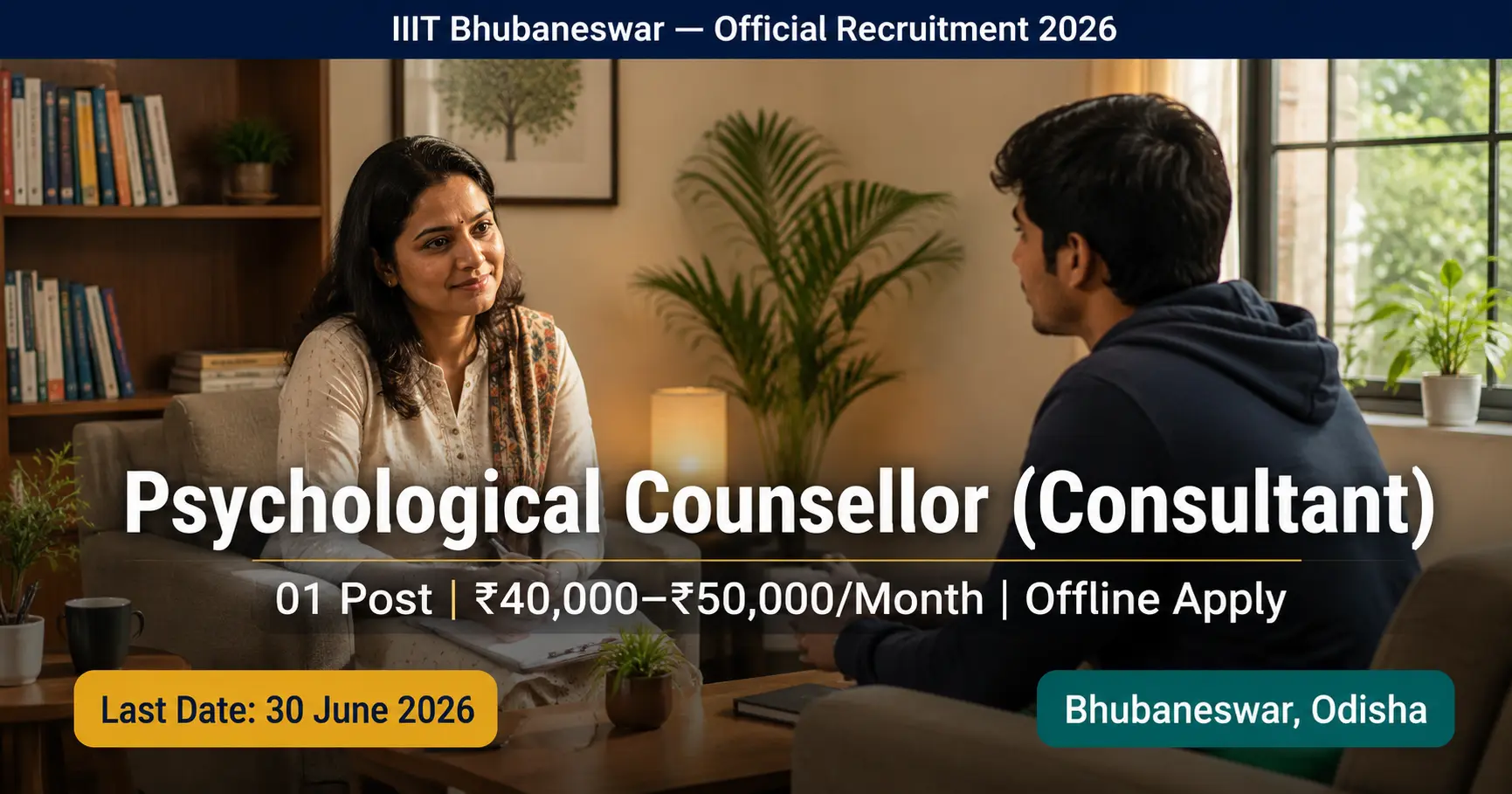 IIIT Bhubaneswar Psychological Counsellor Recruitment 2026 — Apply Offline Before 30 June