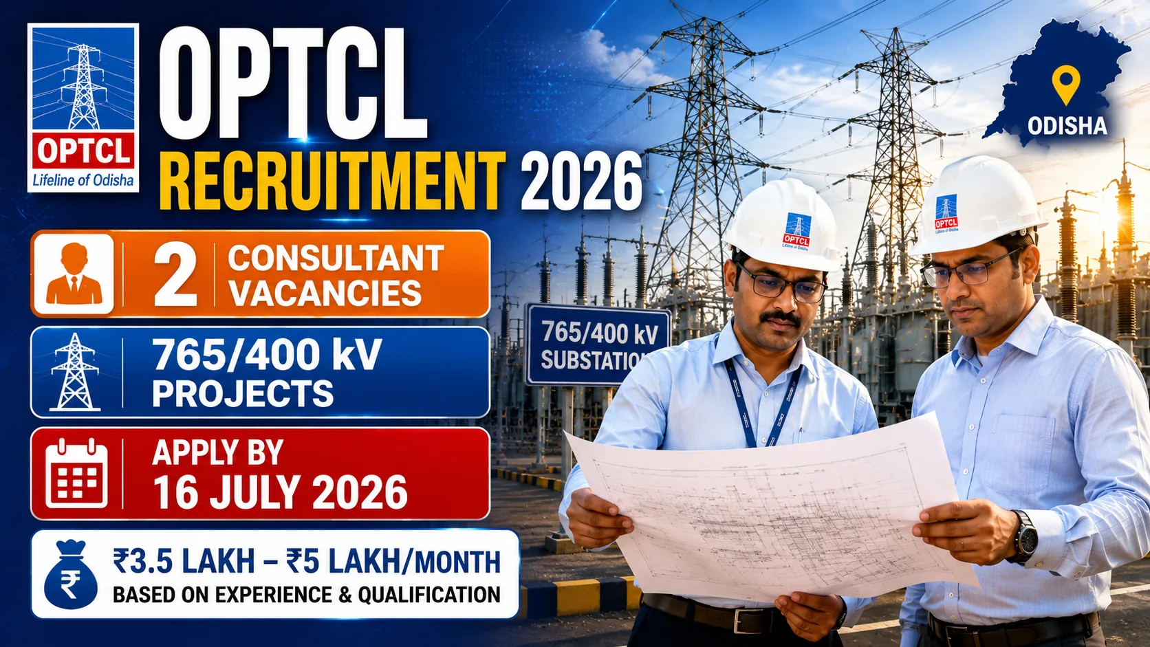 OPTCL Consultant Recruitment 2026 notification for 2 consultant vacancies in 765/400 kV transmission projects