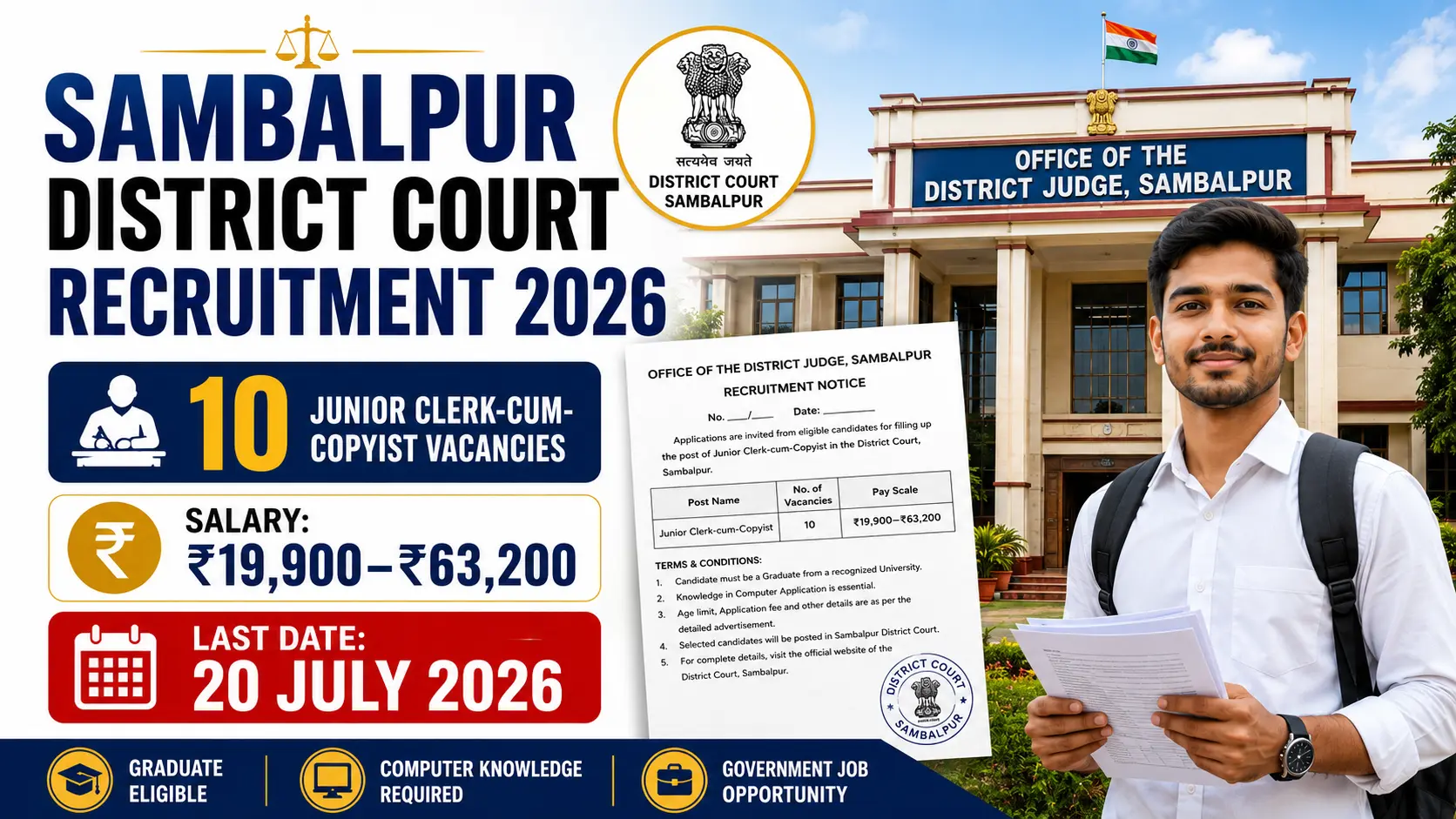 Sambalpur District Court Recruitment 2026 for 10 Junior Clerk-cum-Copyist vacancies apply offline by 20 July