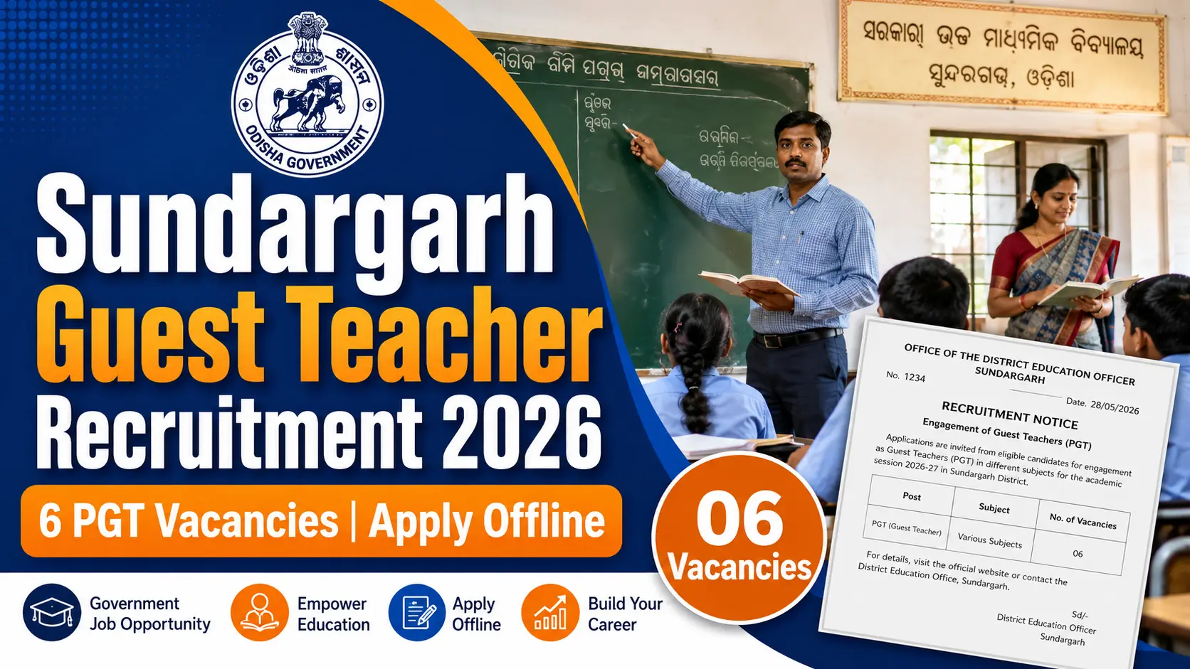 Sundargarh Guest Teacher Recruitment 2026 for 6 PGT Vacancies