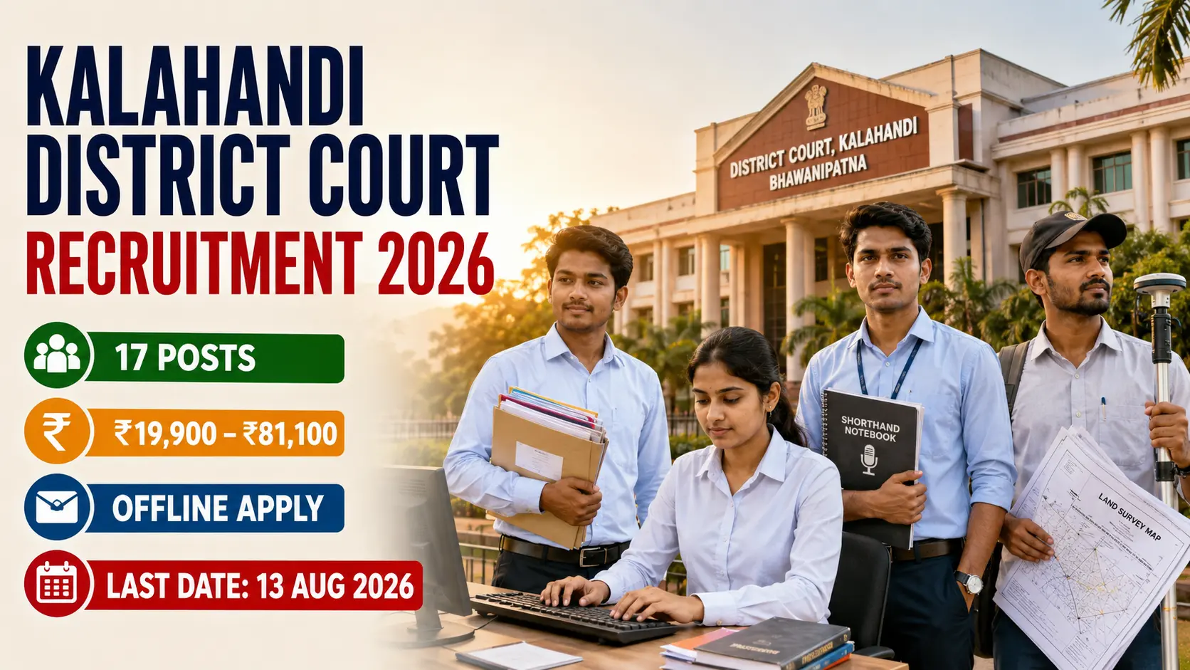 Kalahandi District Court Recruitment 2026 notification for 17 Junior Clerk, Junior Typist, Copyist, Stenographer Grade III and Salaried Amin vacancies