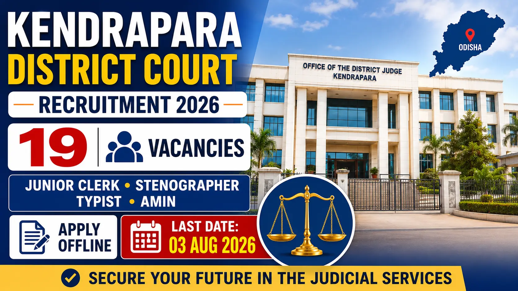 Kendrapara District Court Recruitment 2026 Notification for 19 Junior Clerk, Stenographer, Junior Typist and Salaried Amin Posts