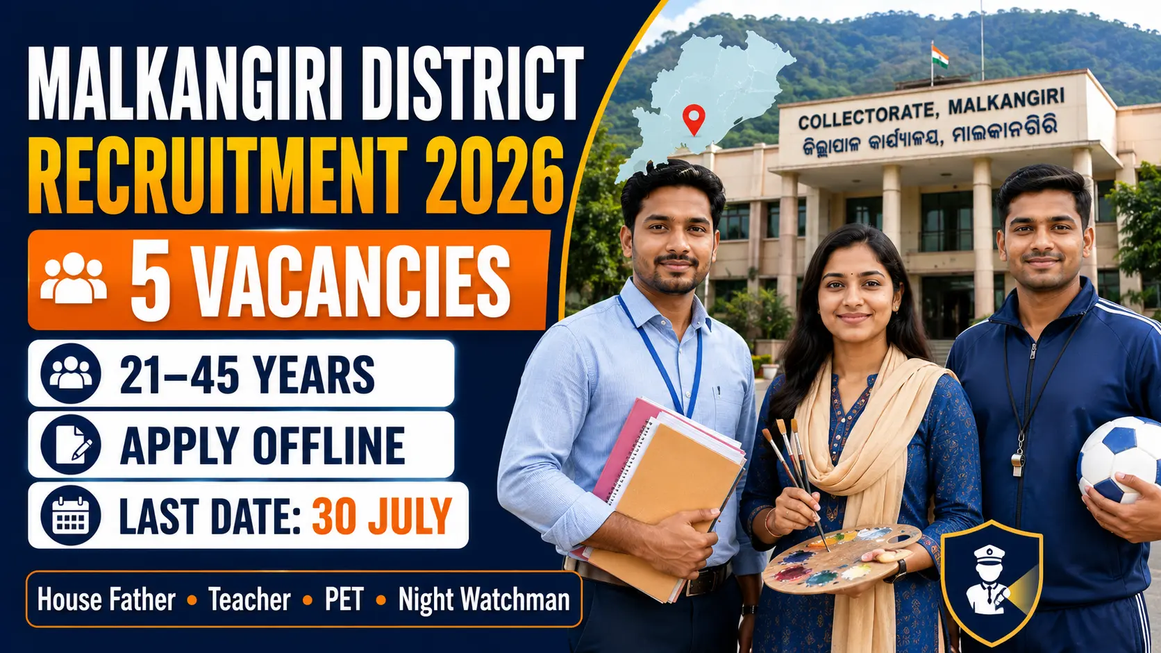 Malkangiri District Recruitment 2026 announced 5 posts for House Father, Teacher, PET Instructor and Night Watchman.