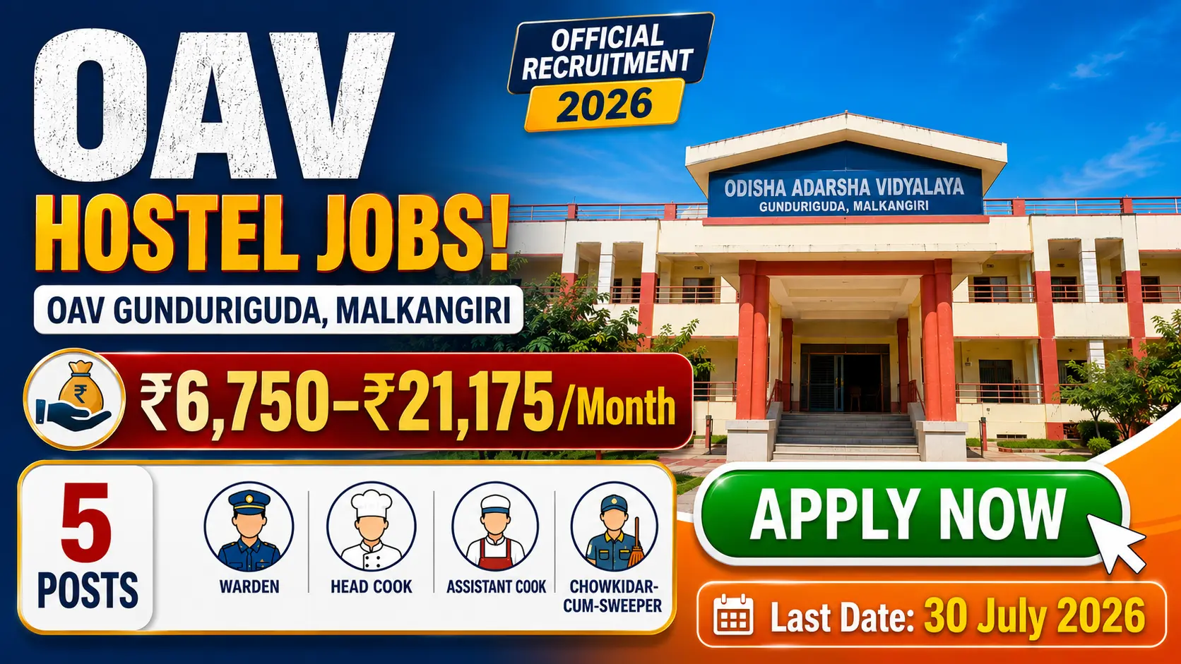 OAV Gunduriguda Malkangiri Recruitment 2026 notification for Warden, Head Cook, Assistant Cook and Chowkidar-cum-Sweeper posts