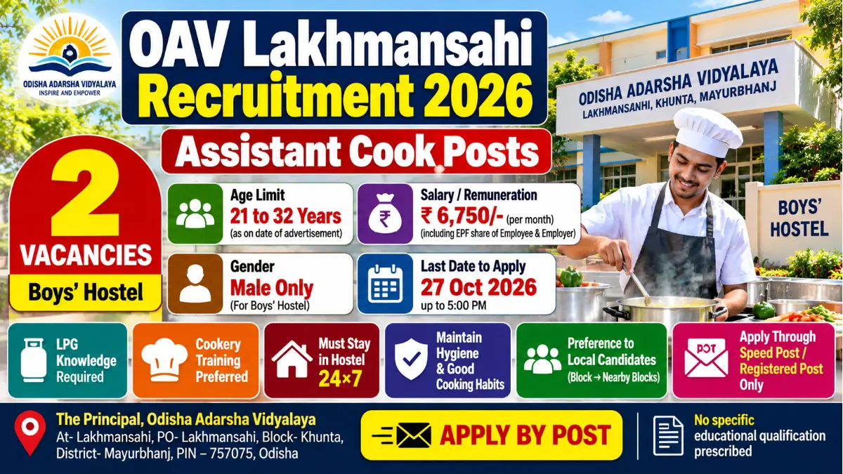 OAV Lakhmansahi Recruitment 2026 – Apply for 2 Assistant Cook Posts